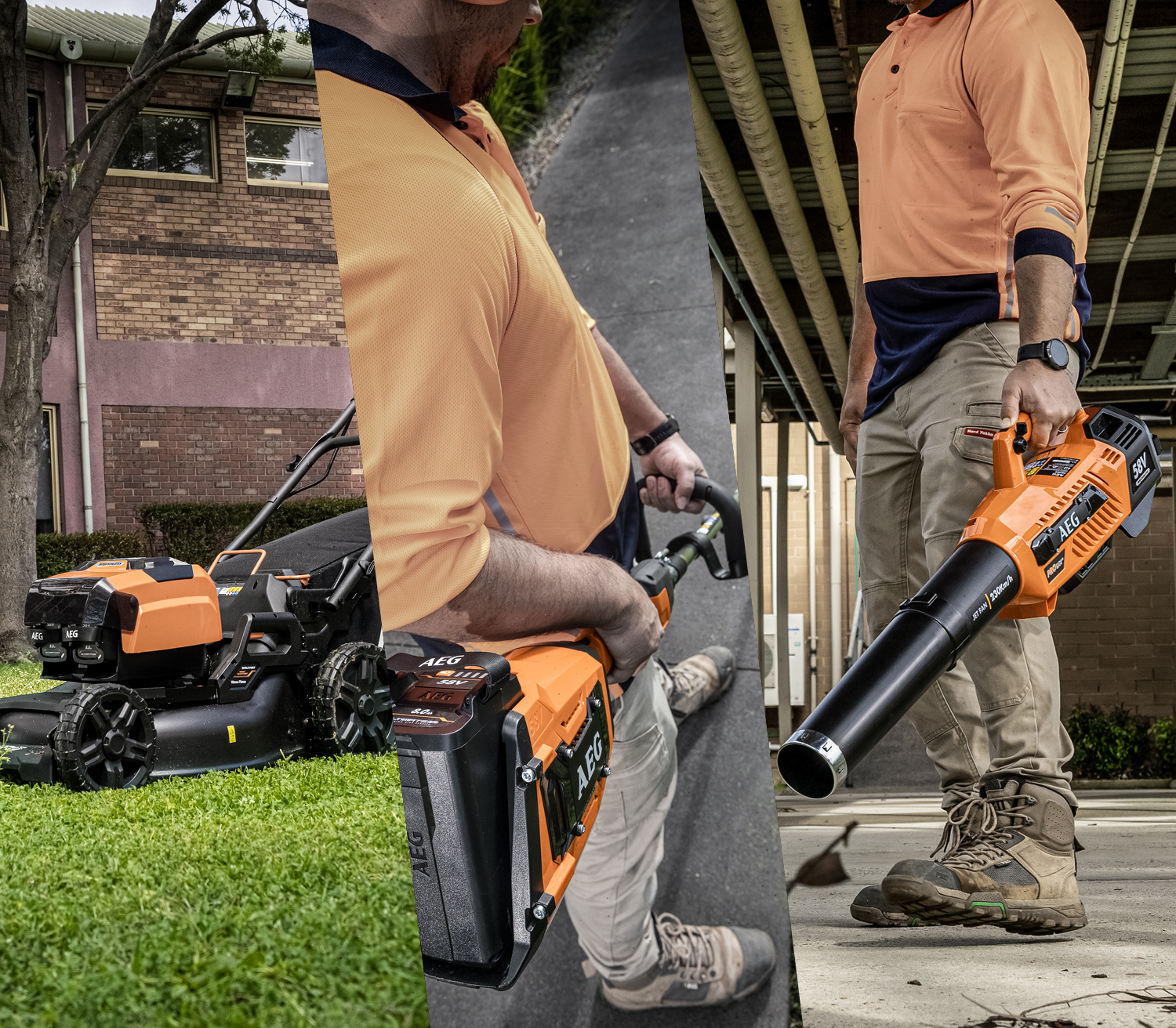 A composite image showing AEG 58V outdoor equipment in action