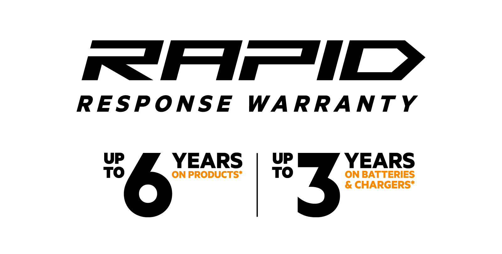 Rapid Response Warranty. Up to 6 years on products, up to 3 years on batteries and chargers